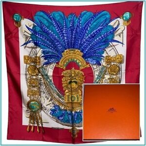 HERMES SCARF 90 "Mexique" Red, White 100% Silk Scarf NWT/BOX